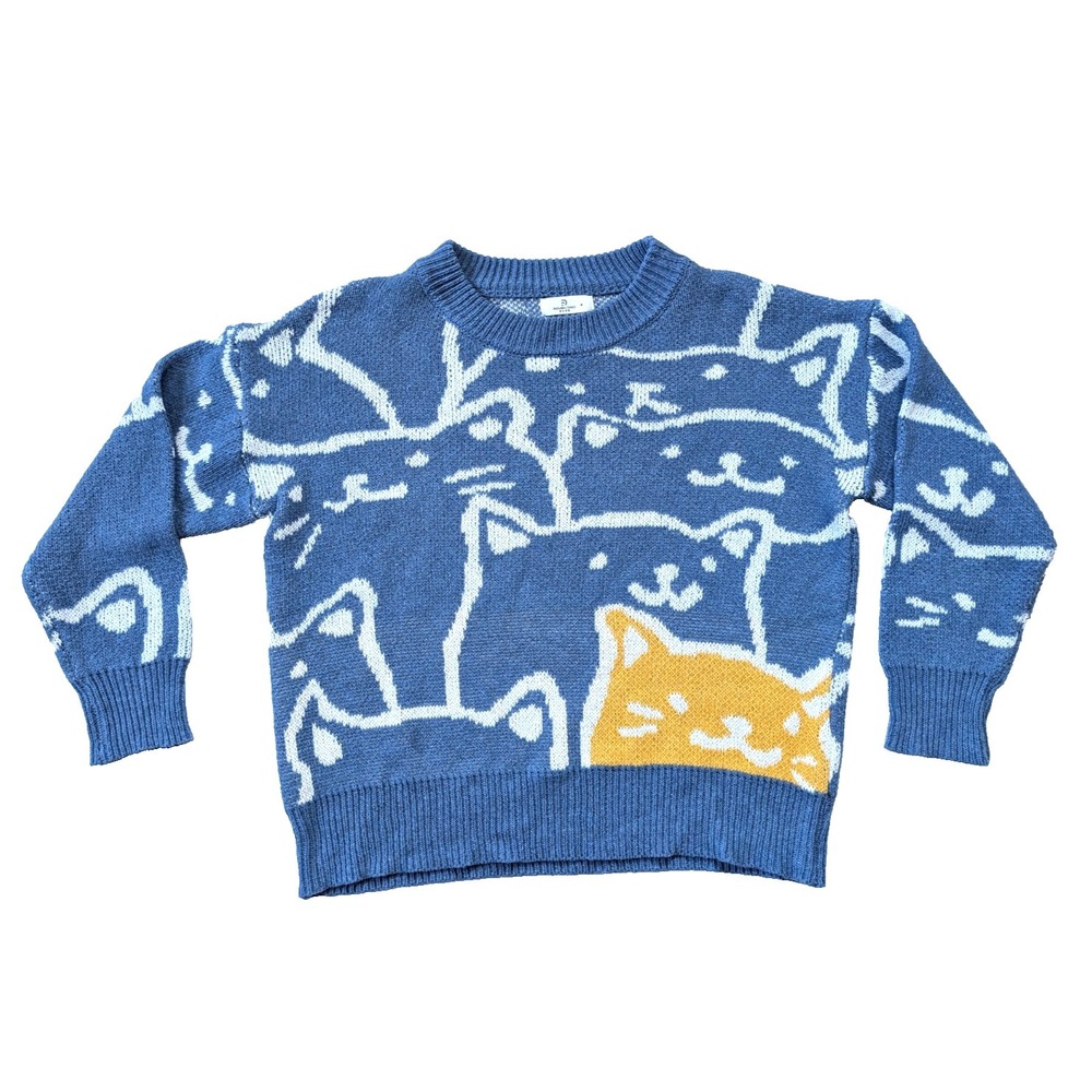 Roven Dino Cat Graphic Sweater Fits Womens Large‎ Blue Boxy